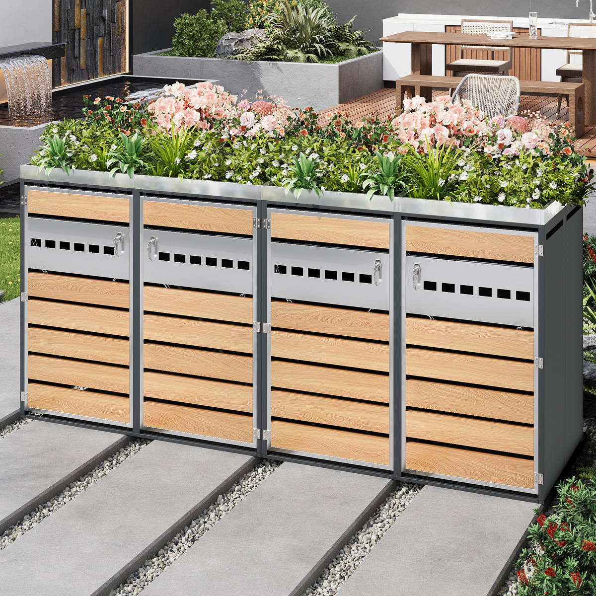 MÜLLTONNENBOX 4 Türen abschließbar Pflanzdach Belüftung - Multicolor, Metall (160/236/264cm) - FLIEKS