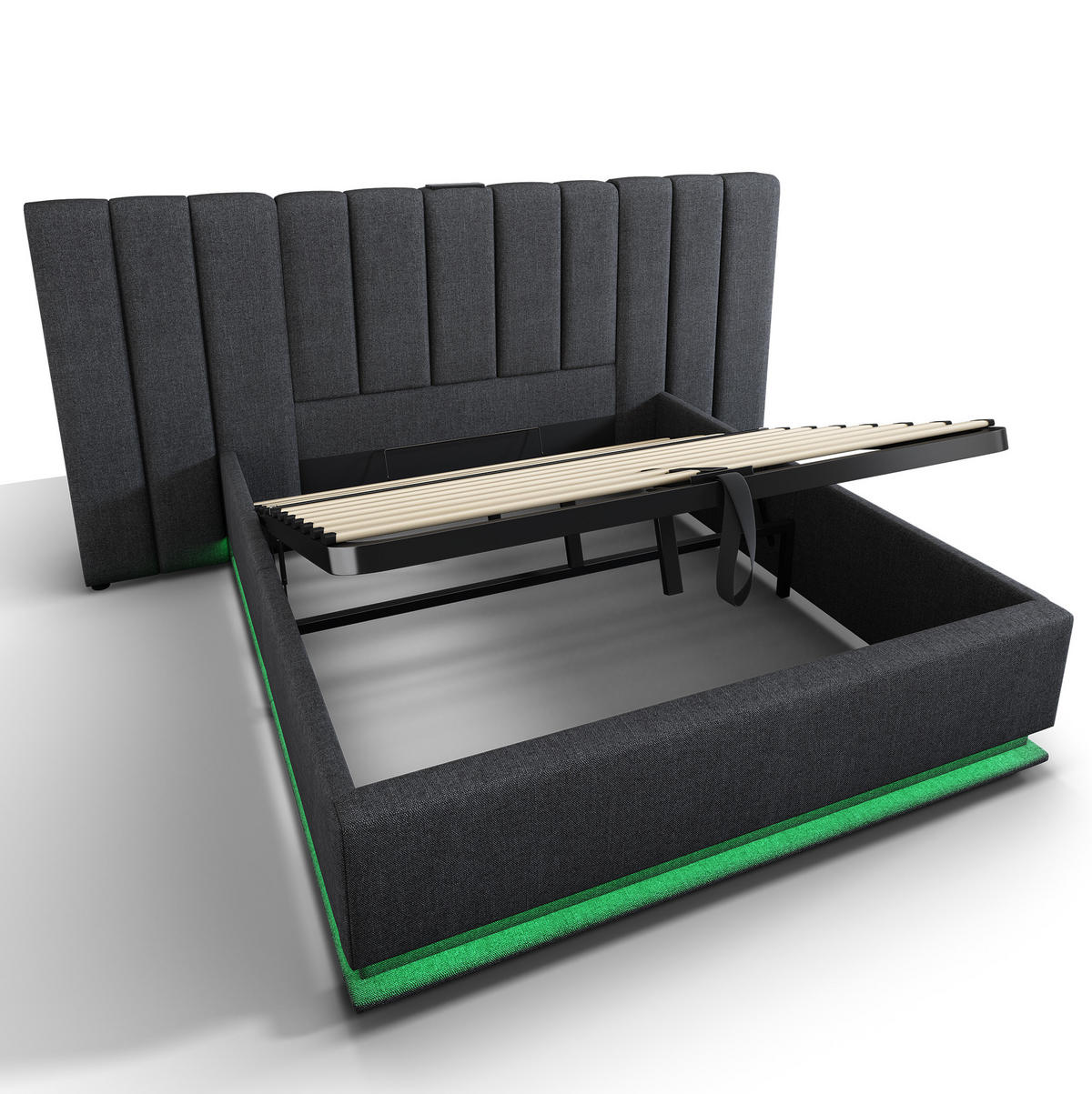 POLSTERBETT 180/200 cm mit hydraulischem Bettkasten, 360° LED & USB/USB-C, Grau - Grau, Textil (180/200cm) - Redom
