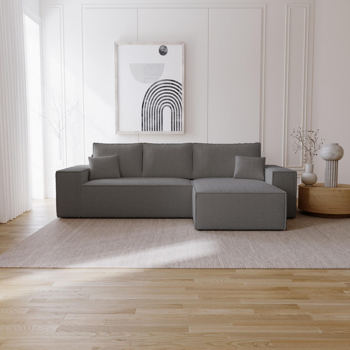 ECKSOFA Bouclé 280 cm Bergamo L mit Bettkasten, Schlaffunktion, Rechts - Dunkelgrau - Dunkelgrau, Holz (189/277cm) - Emporius