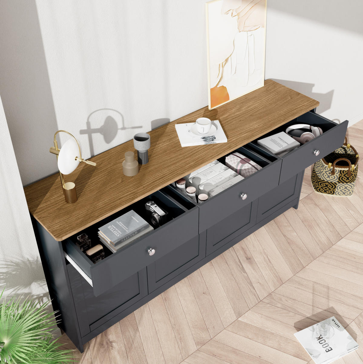 SIDEBOARD im Landhausstil aus MDF mit Holzplatte, 3 Schubladen und 4 Türen, 160/37/75 cm, grauschwarz und holzfarben - Grau, Holzwerkstoff (160/75/37cm) - Redom
