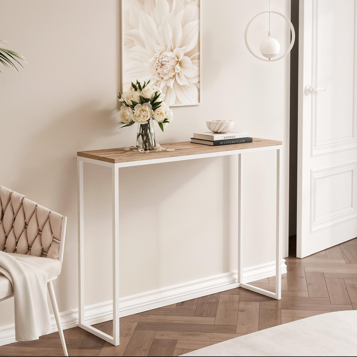 KONSOLENTISCH LORA 80 cm, Weiß / Eiche Wotan - Eiche Wotan/Weiß, Metall (30/80/80cm) - Idohome