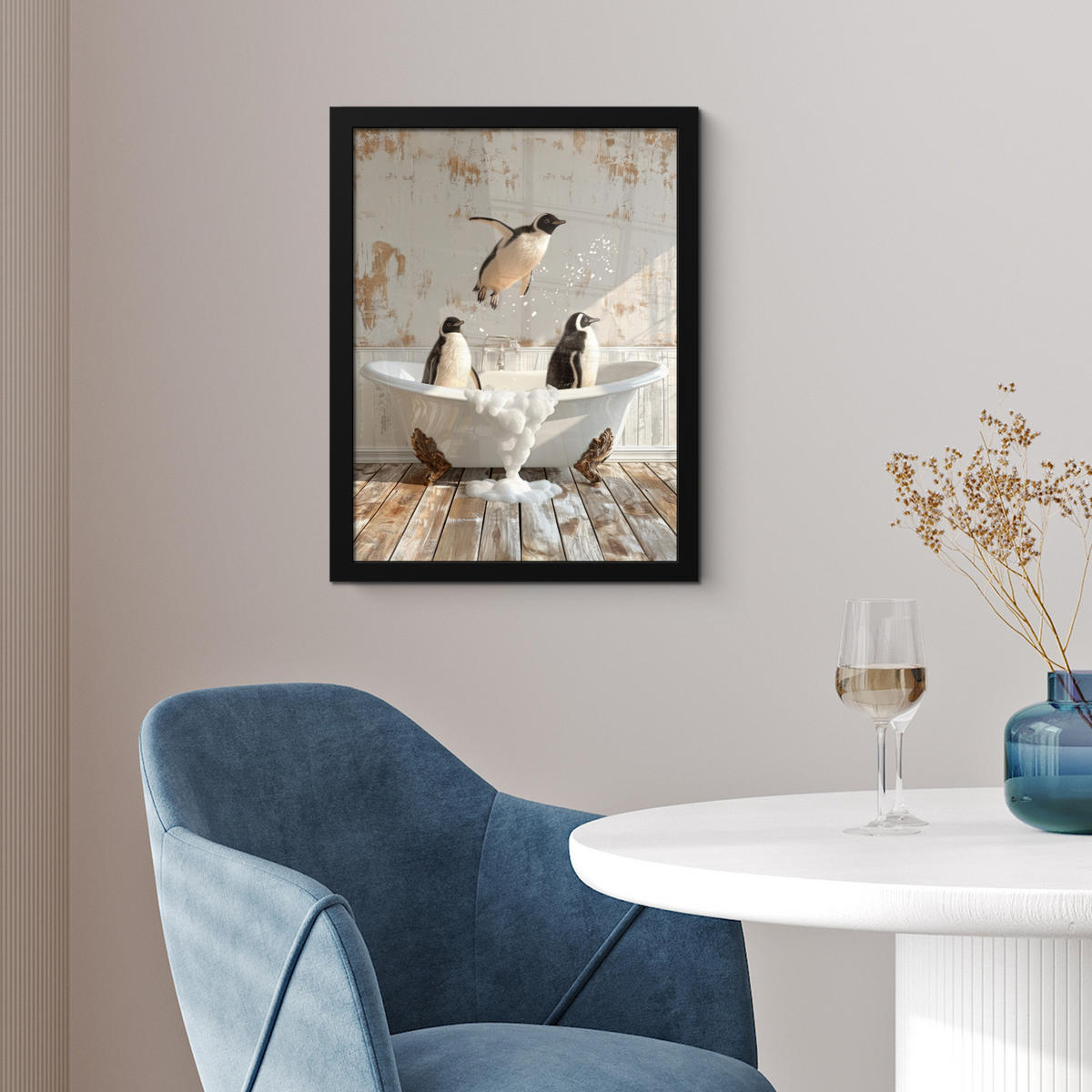 GERAHMTES BILD Vintage - Pinguin - Badewanne - Schaumstoff 30x40 cm - Schwarz, Papier (30/40cm) - MuchoWow
