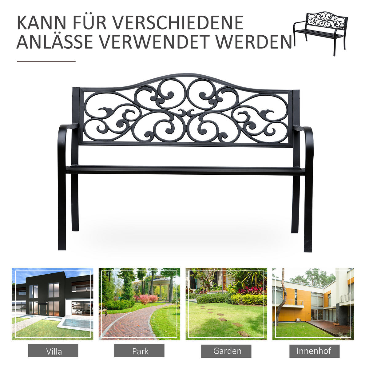 ZAHRADNÍ lavice z oceli 127x60x89 cm černá pro 3 osoby s elegantním designem a vysokým opěradlem - černá, kov (127/89/60cm) - Modfu