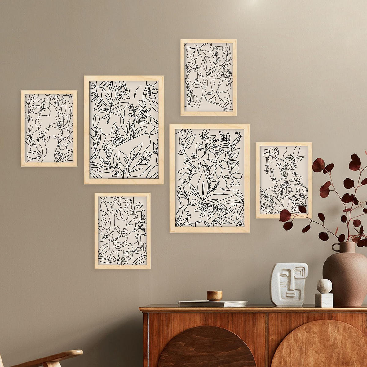 POSTER Set Mit 6 Ruffenrahmen 1 In Blume Zusammenfassung Ästhetische Dekorative Gemälde Für Ihr Wohnzimmer Zuhause A3 & A4 Rahmen Aus Hellem Holz - Beige, Papier (29/3cm) - Nacnic