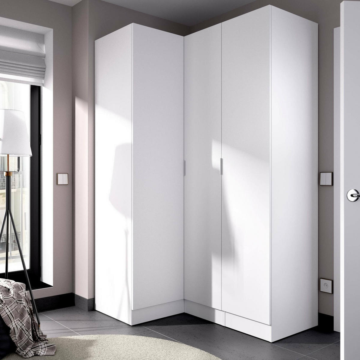 ECKKLEIDERSCHRANK Holz-Effekt Weiß 90.5x133h184 - Weiß, Holzwerkstoff (133/184/90.5cm) - DMORA