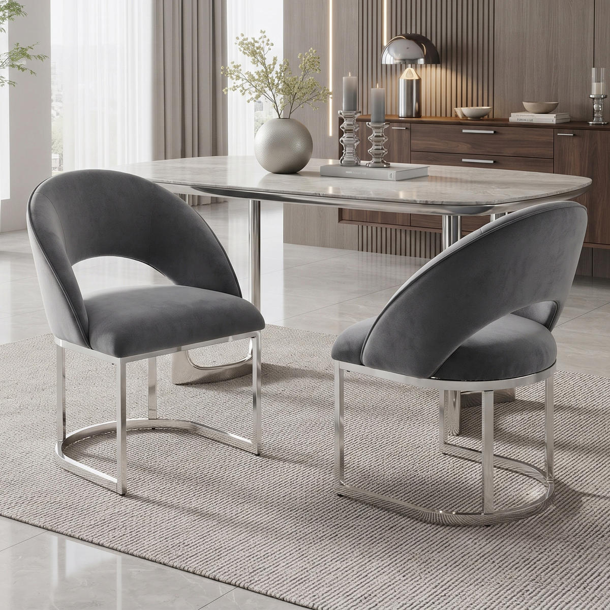 ESSZIMMERSTÜHLE 2er-Set Samt Silber Metall Grau - Silberfarben/Grau, Textil (59/80/56cm) - FLIEKS