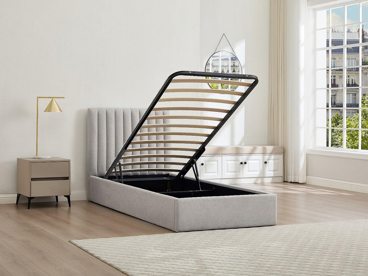 BETT mit Bettkasten - 1 Person - stoff - hellgrau Saraneli - Hellgrau, Textil (90/200cm) - Vente-Unique