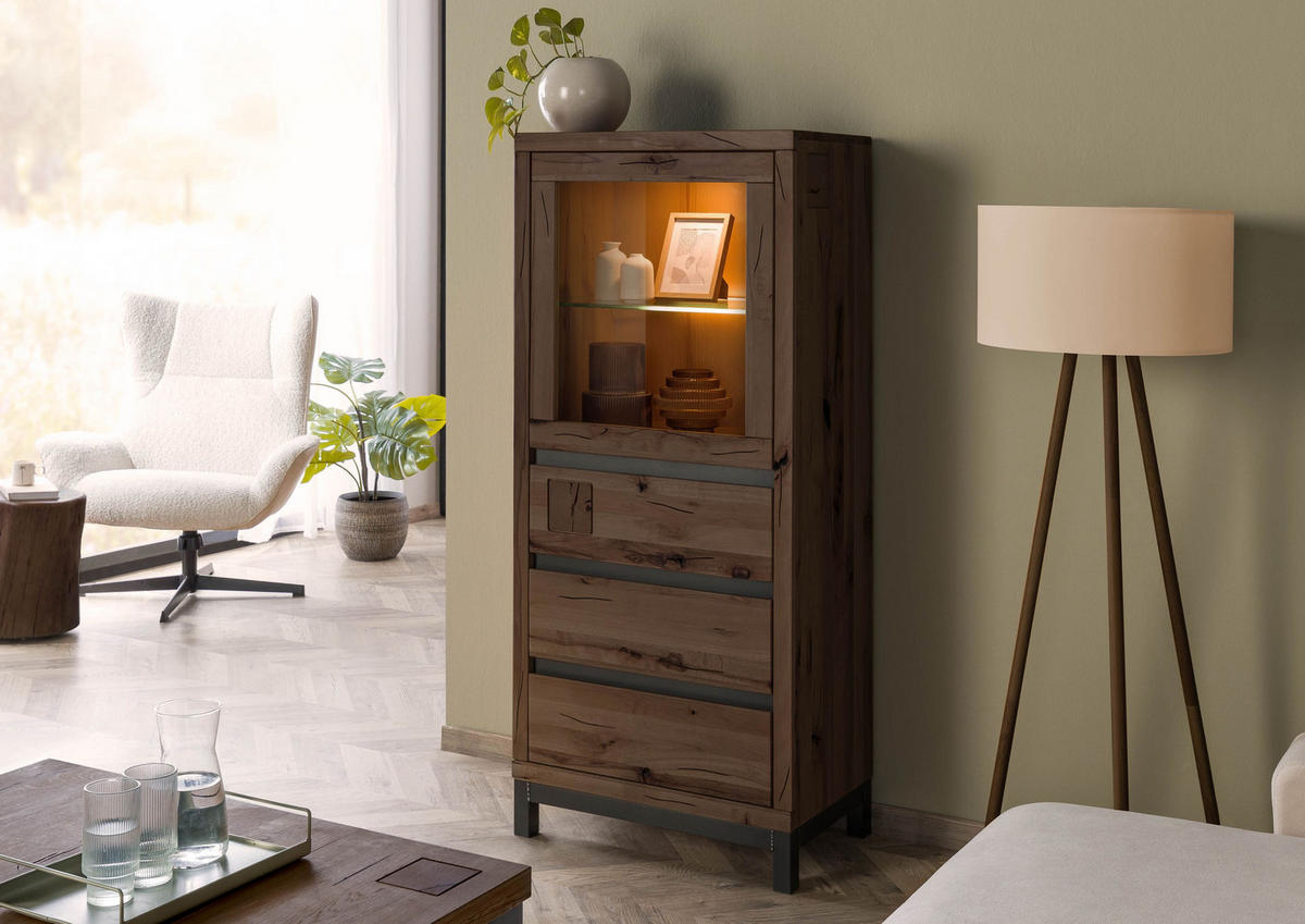 VITRINE Kernbuche 65x40x148 tabacco braun geölt VILLANDERS #203 - Braun, Holz (65/148/40cm) - Massivmoebel24