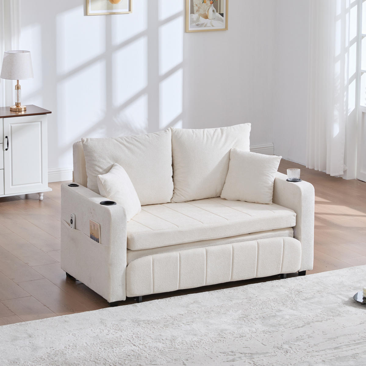 SCHLAFSOFA 139/83/58 cm ausziehbar mit Bettfunktion, Armlehnentaschen und Chenille-Bezug, Beige - Beige, Textil (139/83/73cm) - Redom