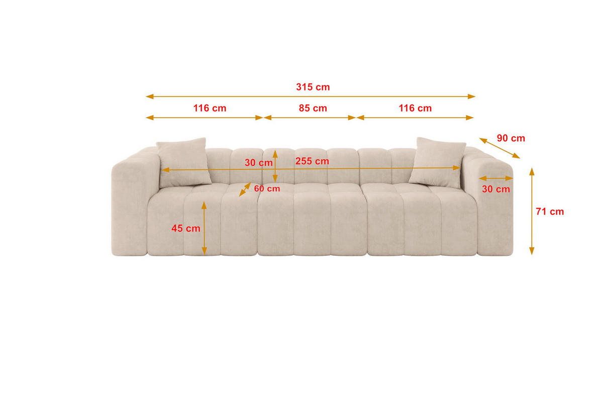 POHOVKA 3-MÍSTNÁ DONY-3 315x90x71 cm Béžová Velur - černá/béžová, kompozitní dřevo/textil (315/71/90cm) - ALTDECOR