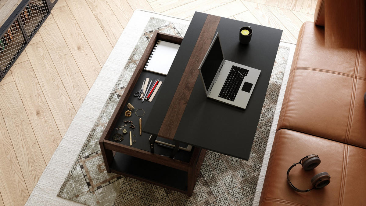 COUCHTISCH rechteckig Schwarz - Eiche dunkel aufklappbar - Schwarz/Braun, Holzwerkstoff (66/112/45cm) - designimpex