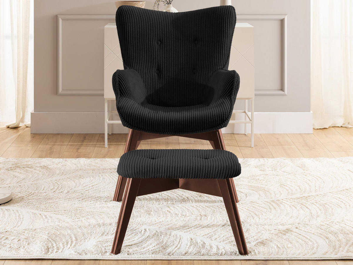 LOUNGESESSEL mit Fußhocker Lenari Schwarz Cordstoff mit Füßen in Braun - Schwarz/Braun, Holz/Textil (71/96/86cm) - S-Style Möbel