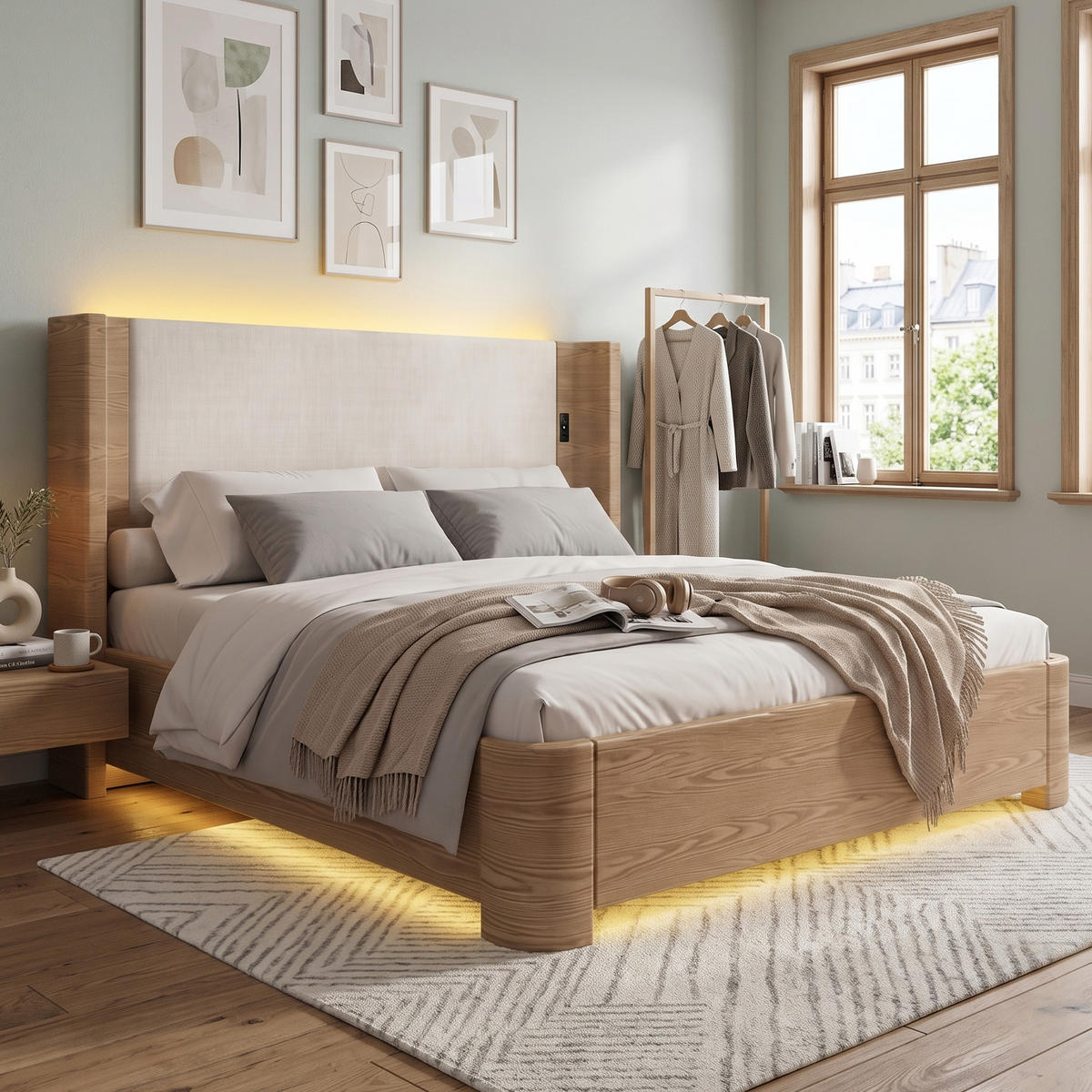 POSTEL KING Béžová s hydraulickým úložným prostorem a LED osvětlením - béžová, textil (190/200cm) - Urban Meuble