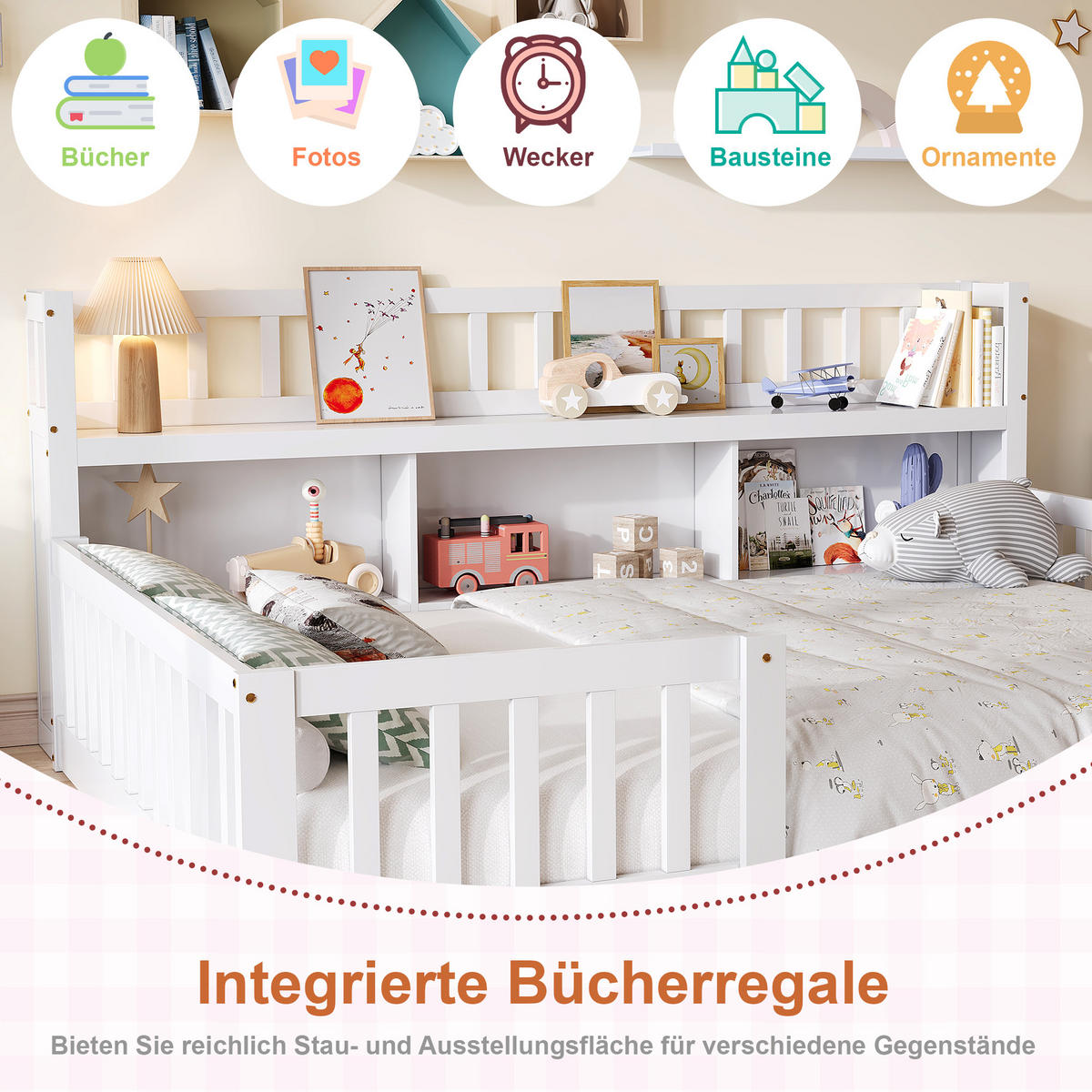 KINDERBETT 140x200 cm mit Bücherregal, Rausfallschutz und Lattenrost, Weiß - Weiß, Holz (140/200cm)