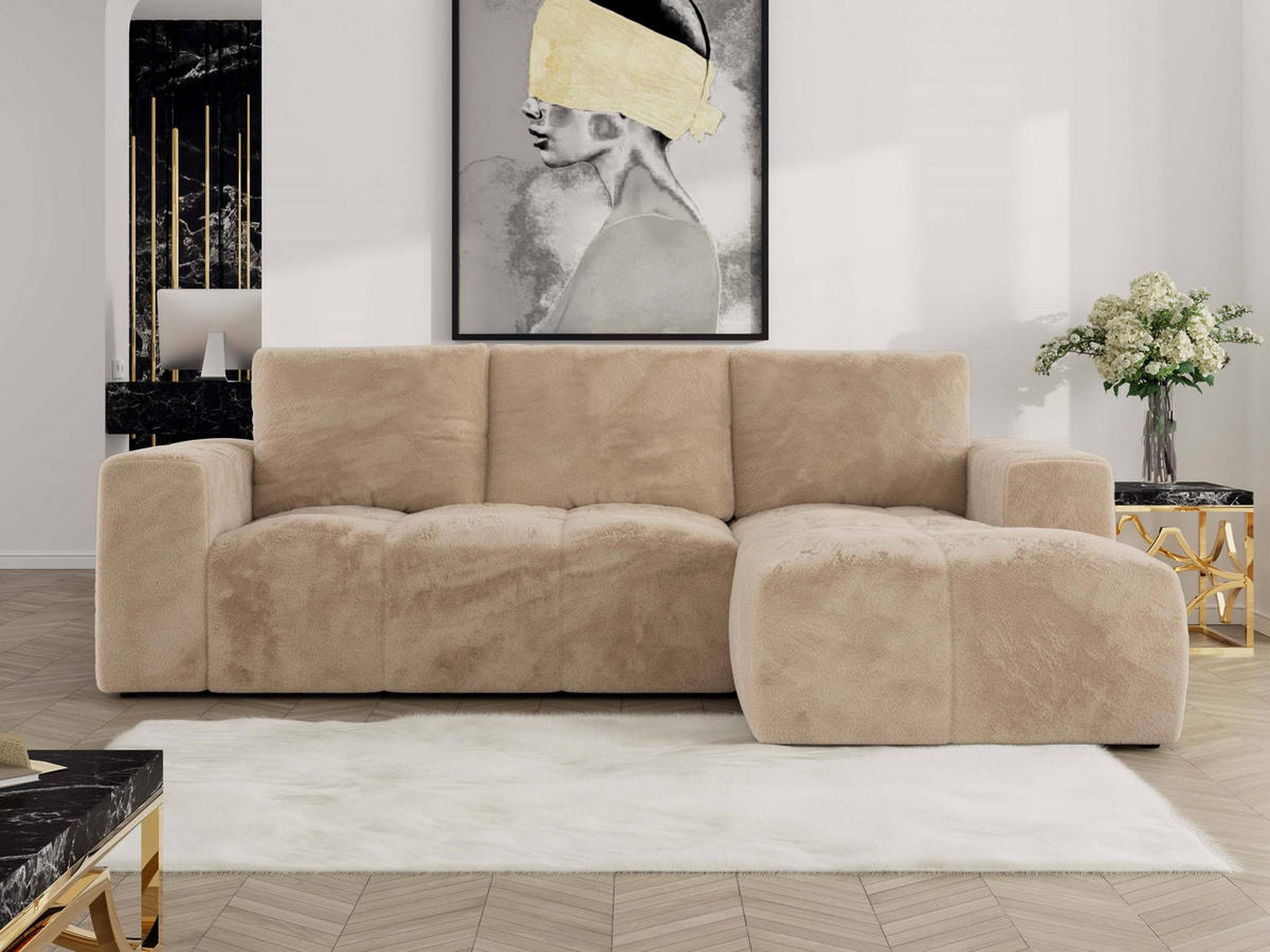 ECKSOFA MONIVA Beige Plüsch - Rechts - Beige/Schwarz, Textil (266/164cm) - MKS