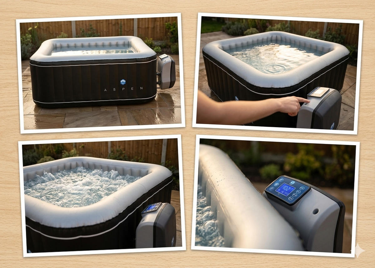 SPA WHIRLPOOL – 168×168 cm für 4 Personen, Selbstaufblasend, Beheizt, Outdoor & Indoor, Antibakterielles Kunstleder, Massage-Luftdüsen - Schwarz, Kunststoff (168/58/168cm) - Aspen