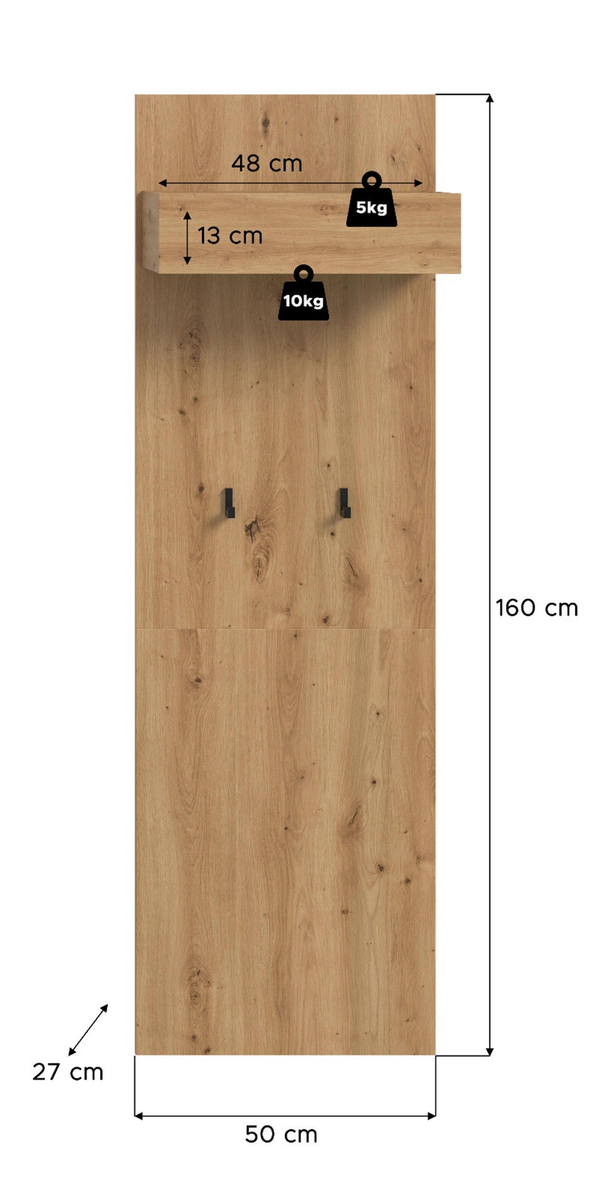 GARDEROBENPANEEL Artisan Eiche, Wandgarderobe 50 x 160 cm, Borga - Eiche Artisan, Holzwerkstoff (50/160/27cm) - Inn.Furn