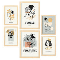 POSTER Set Mit 6 Schwarze Tinte Weiblichkeit Größe A3 & A4 Rahmen aus hellem Holz - Beige, Papier (29.7/1cm) - Nacnic