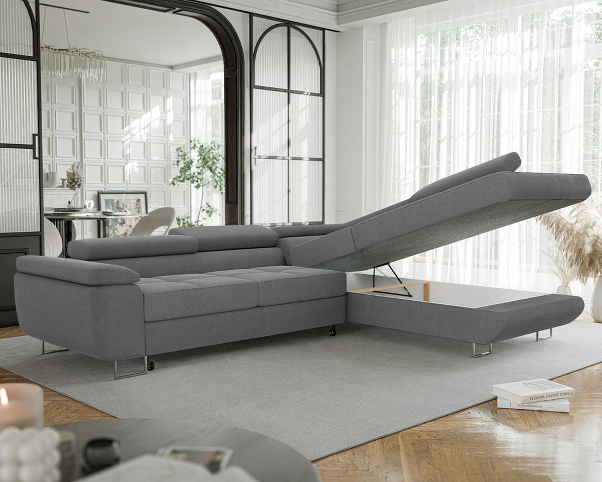 ECKSOFA ANTON rechts, mit Schlaffunktion und Bettkasten Dunkelgrau - Dunkelgrau, Holzwerkstoff/Kunststoff (274/203cm) - Idohome
