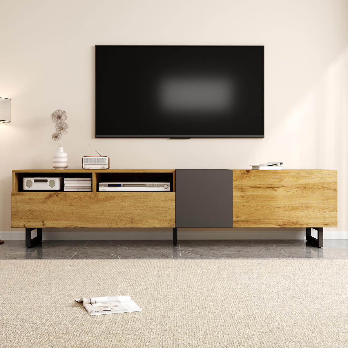 TV-ELEMENT170X36,5X42CM Colorblock-Design 3-Türen Retro-Holzmaserung - Naturfarben, Holz (45.72/21.72/98.43cm) - Raelunyi