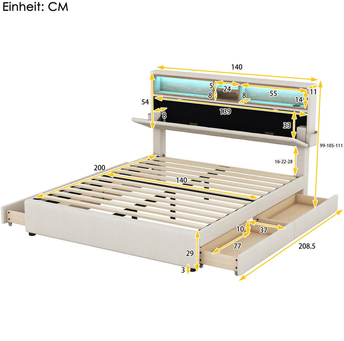 POLSTERBETT 140/200 cm aus Leinen mit LED-Beleuchtung USB und Stauraum Antikgrau - Beige, Textil (140/200cm) - Modenvie