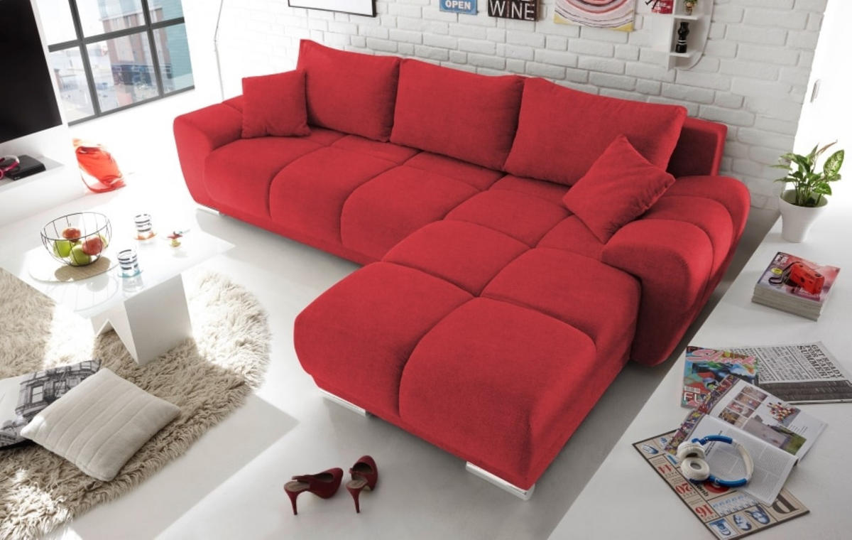ECKSOFA beidseitig montierbar, Schlaffunktion mit Bettkasten - Chromfarben/Rot, Textil (289/189cm) - ed exciting design