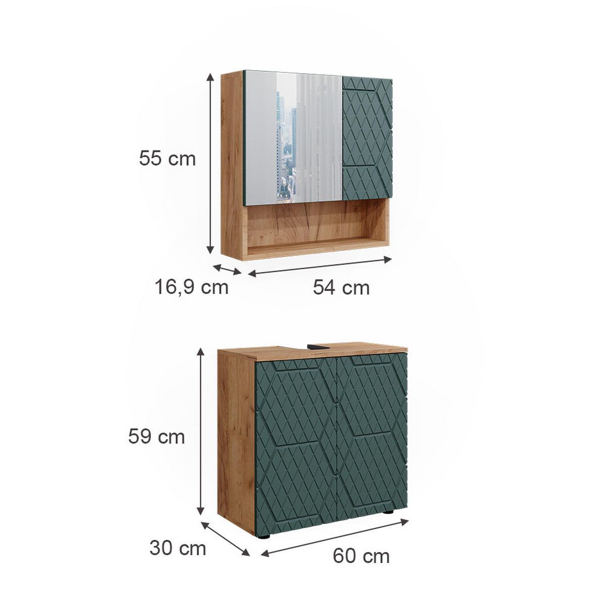 BADMÖBEL-SET Irma Grün 2 Teile, Unterschrank 60 cm - Eiche Wotan/Grün, Holzwerkstoff (80/58.6/41cm) - Vicco