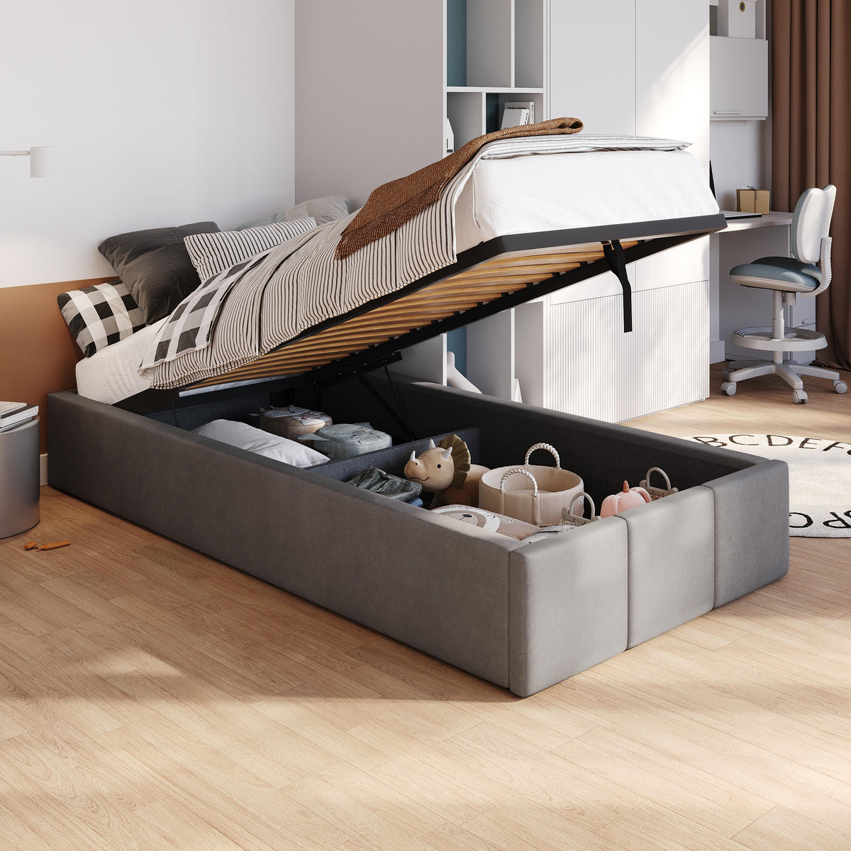 POLSTERBETT für Schlafzimmer Bett mit Stauraum Grau 90x200cm - Grau, Holzwerkstoff/Textil (90/200cm) - Muralo
