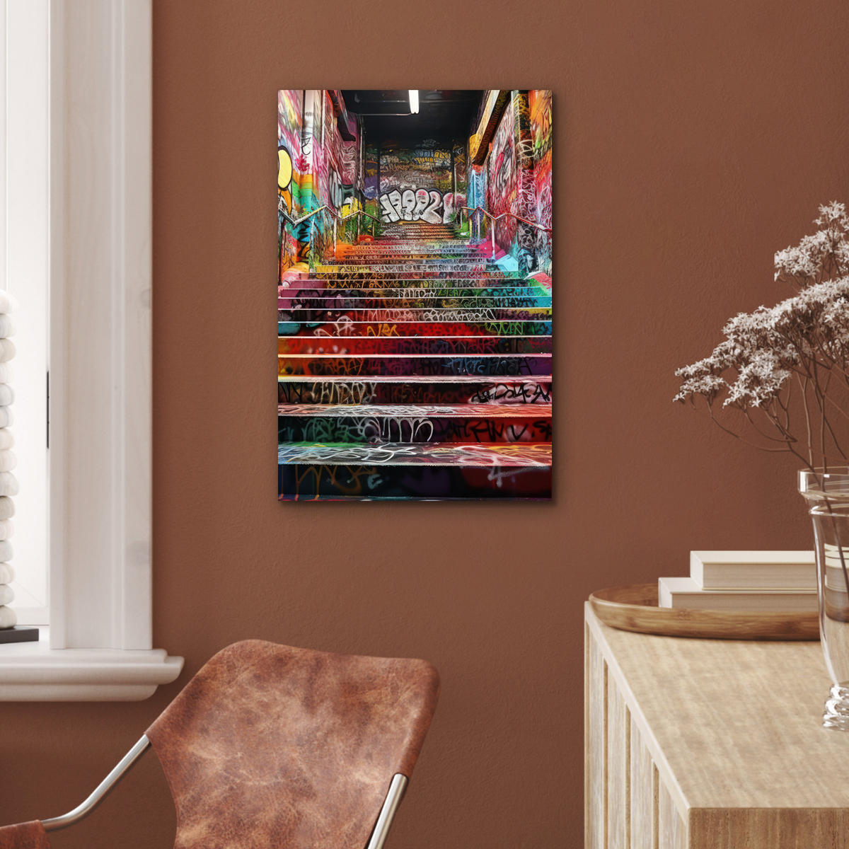 METALLBILD Treppe - Graffiti - Farben - Kunst 40x60 cm - Multicolor, Metall (40/60cm) - MuchoWow