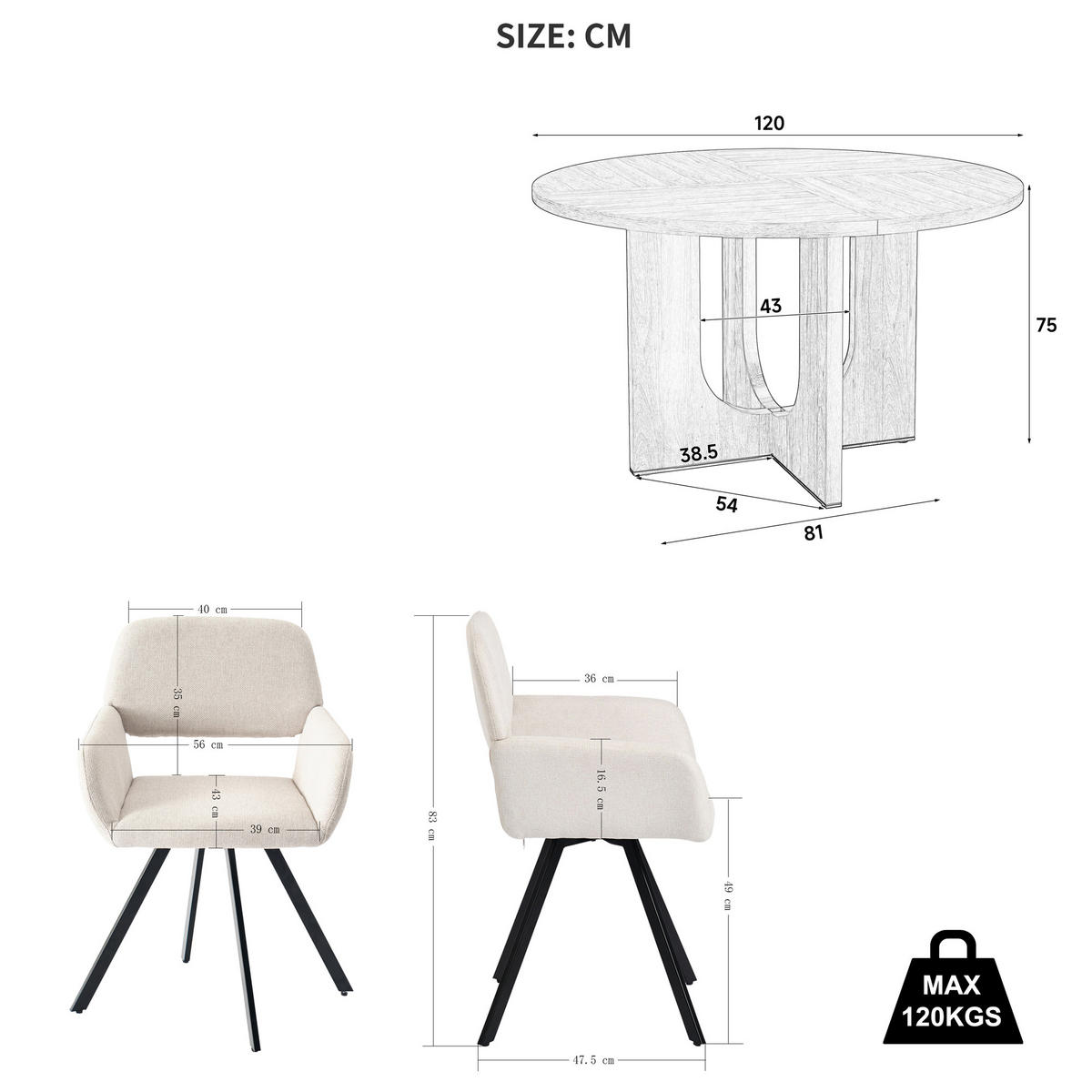 ESSGRUPPE 1+2 Runder Tisch Ø120cm Eiche & 2 beige Drehstühle - Eichefarben, Holzwerkstoff (120/75/120cm) - Urban Meuble