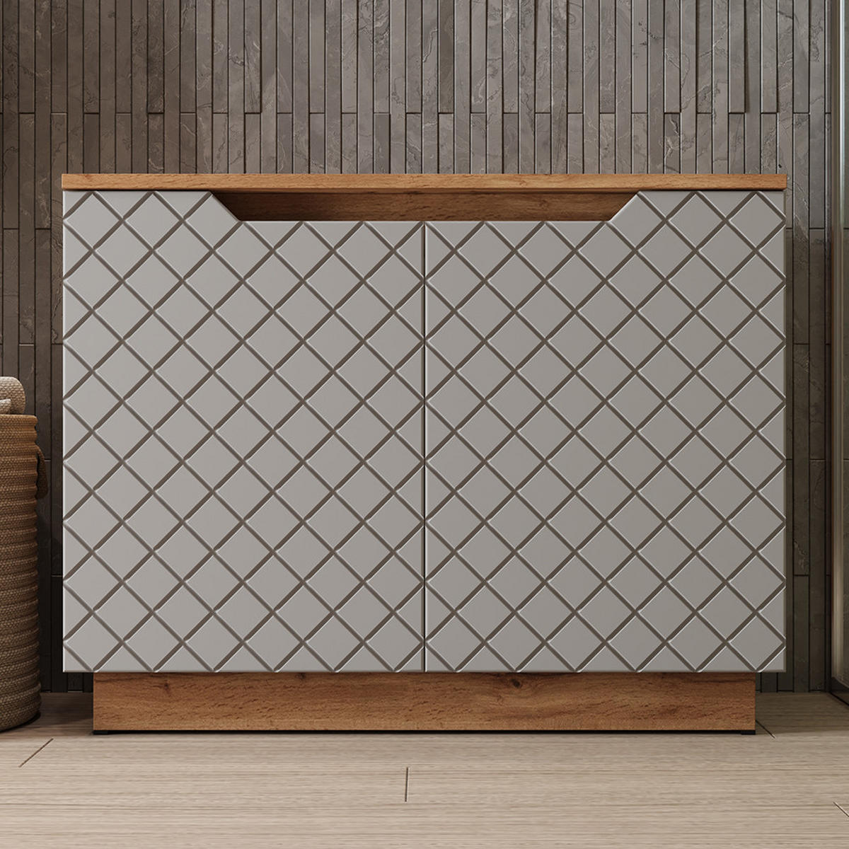 WASCHBECKENUNTERSCHRANK Lotta Eiche/Grau mit Kachelstruktur 79.6 x 62.1 cm mit 2 Türen - Eichefarben/Grau, Holzwerkstoff (79.6/62.1/32cm) - Vicco