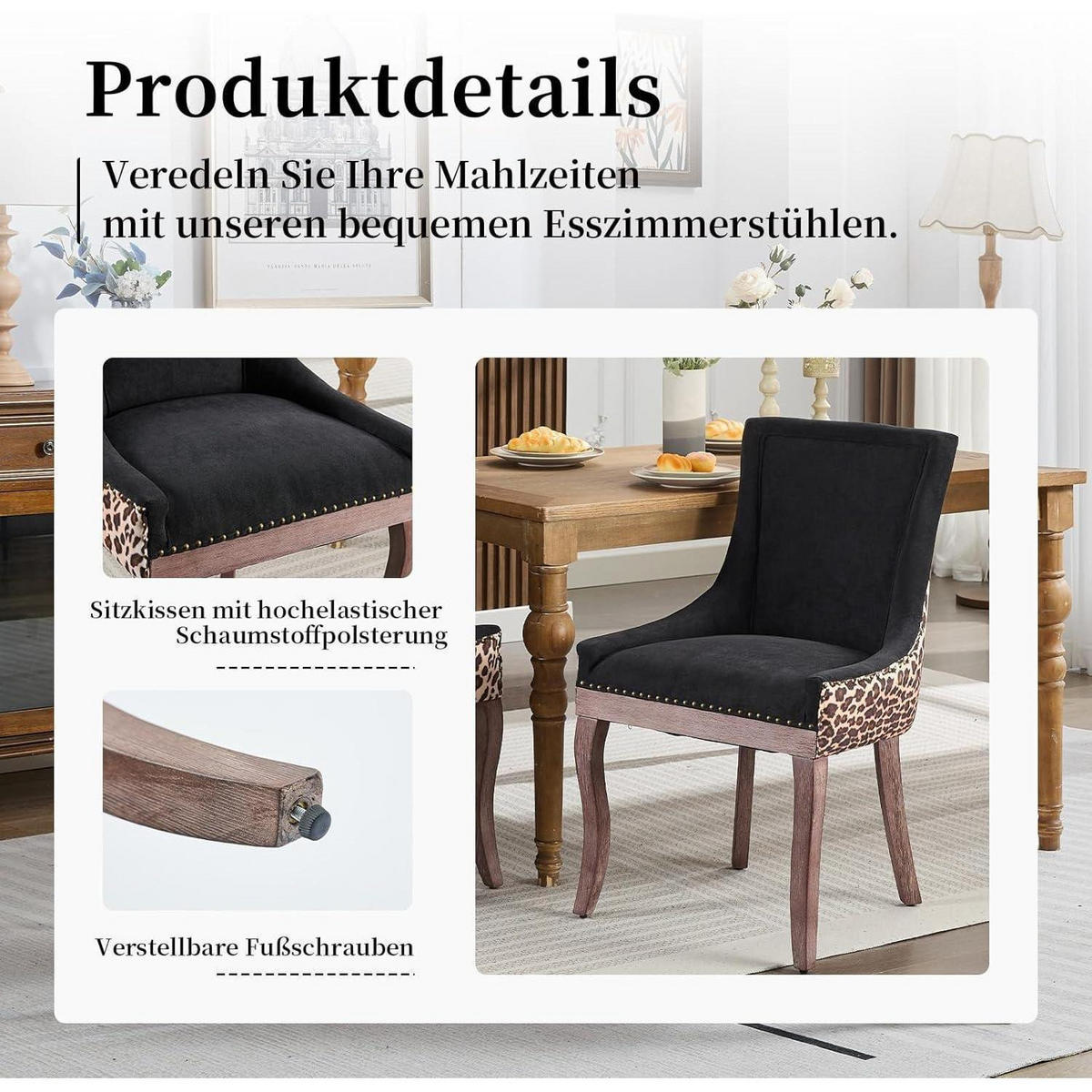 ESSZIMMERSTUHL 6er Set Leopardenmuster Stoff Schwarz - Multicolor, Textil (54.9/92.5/52.8cm)