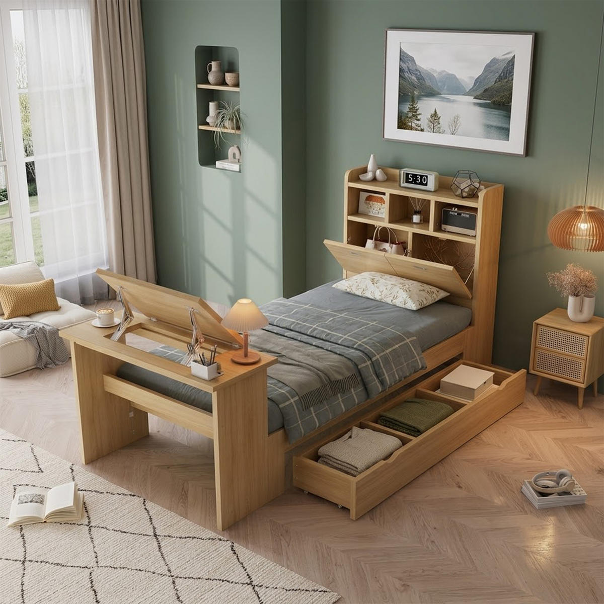 JUGENDBETT 90/200 cm in Natur mit Stauraum, Klapptisch und Kopfteilregal - Naturfarben, Holzwerkstoff - STILVORA