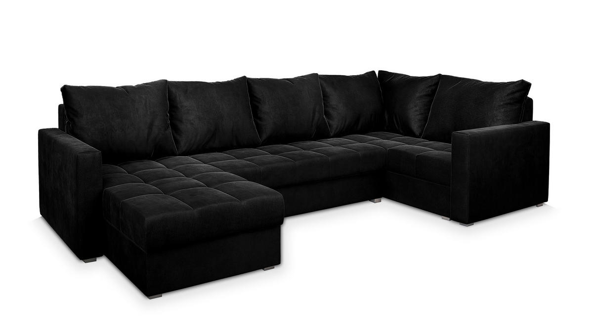 WOHNLANDSCHAFT LORIVO R-S Schwarz Plüsch-Stoff mit Schlaffunktion - Schwarz, Holz (285/85/150cm) - MASSENO