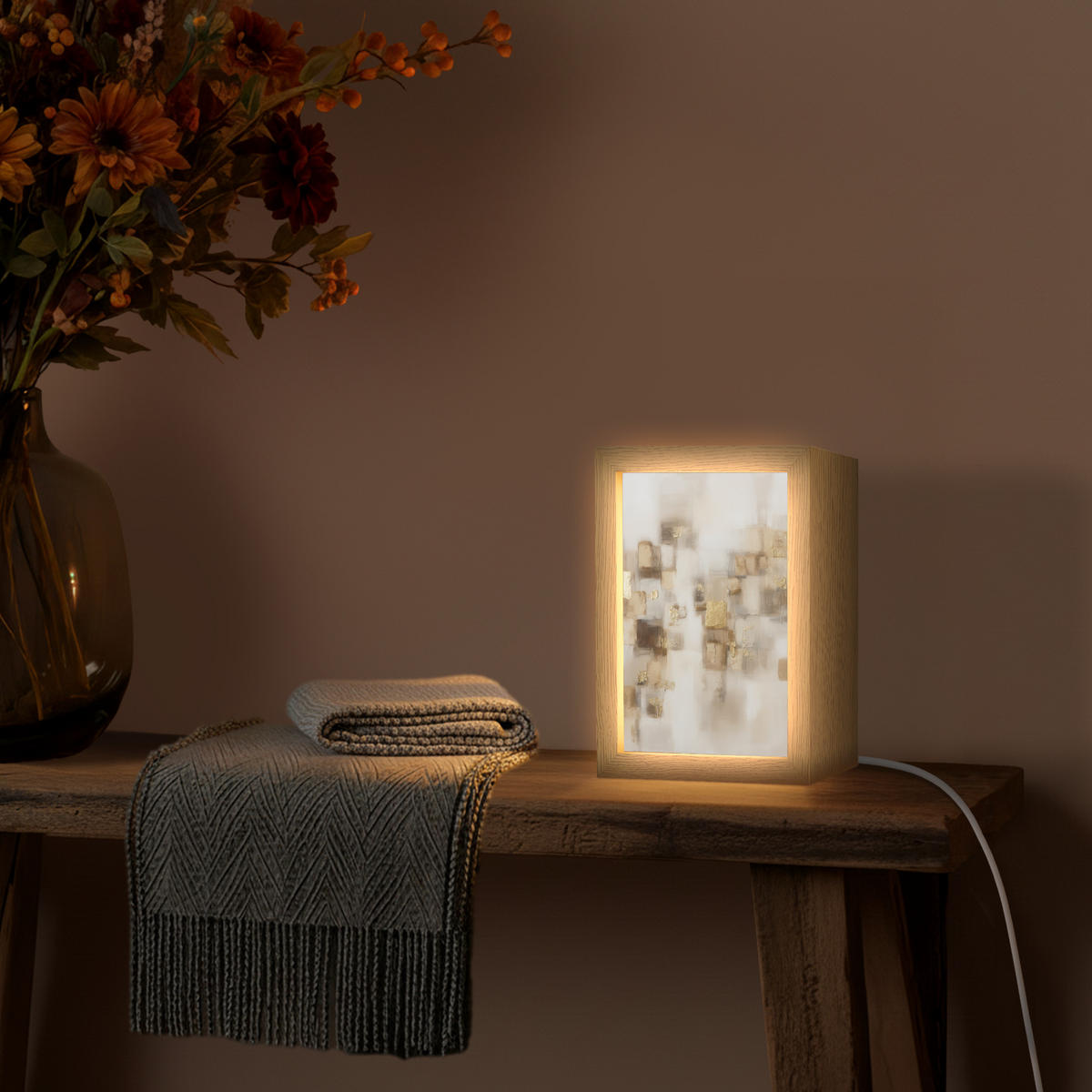 STOLNÍ LAMPA Abstraktní čtverce - zemité tóny - mlhavé 15x20 cm - barva hrušně, kompozitní dřevo (8/15/20cm) - OnlyWow