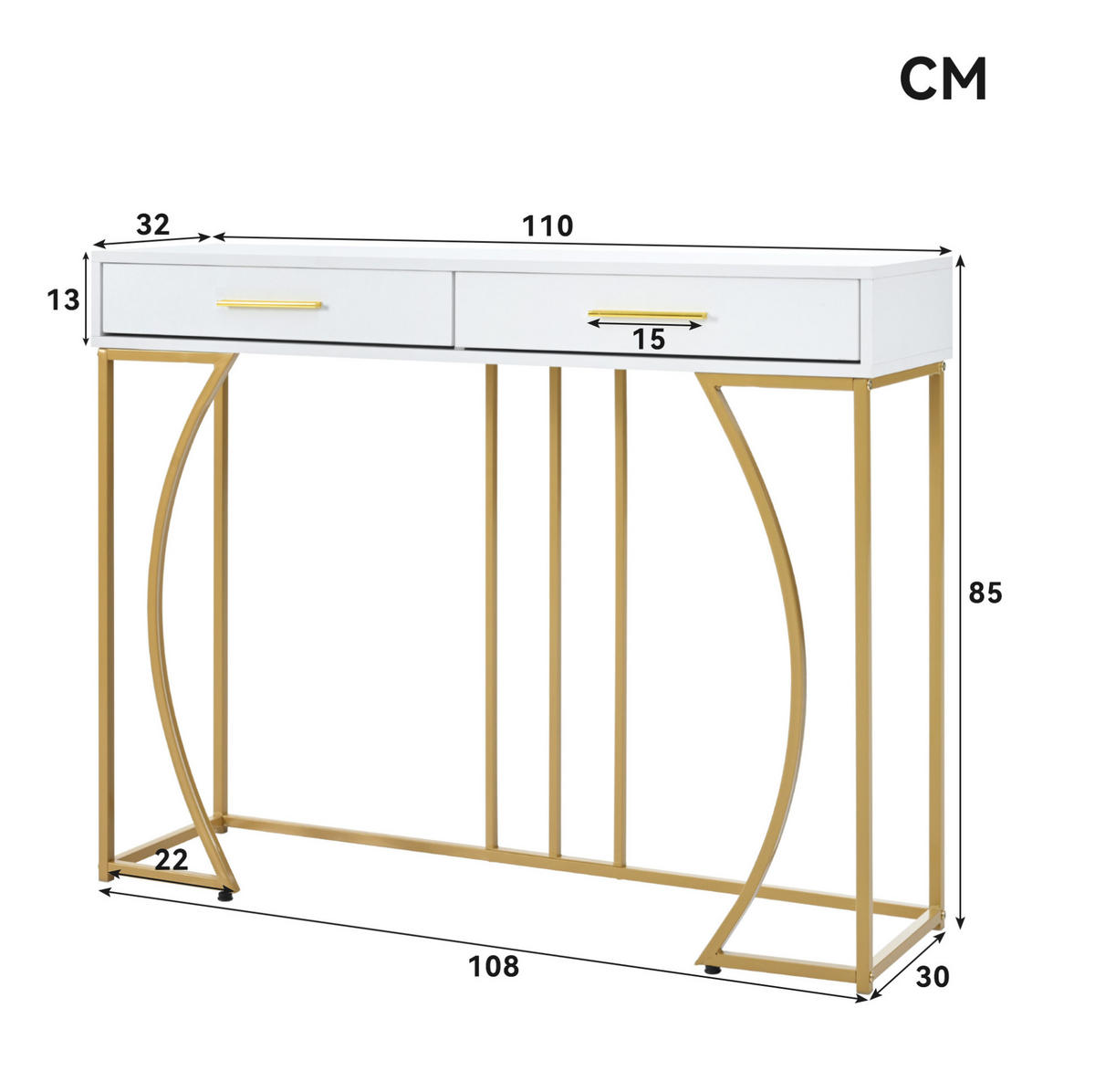 KONSOLENTISCH aus MDF 110x32x85 cm Weiß mit Schublade, Metallgestell und verstellbaren Füßen - Weiß, Holzwerkstoff (32/110/85cm) - Modfu