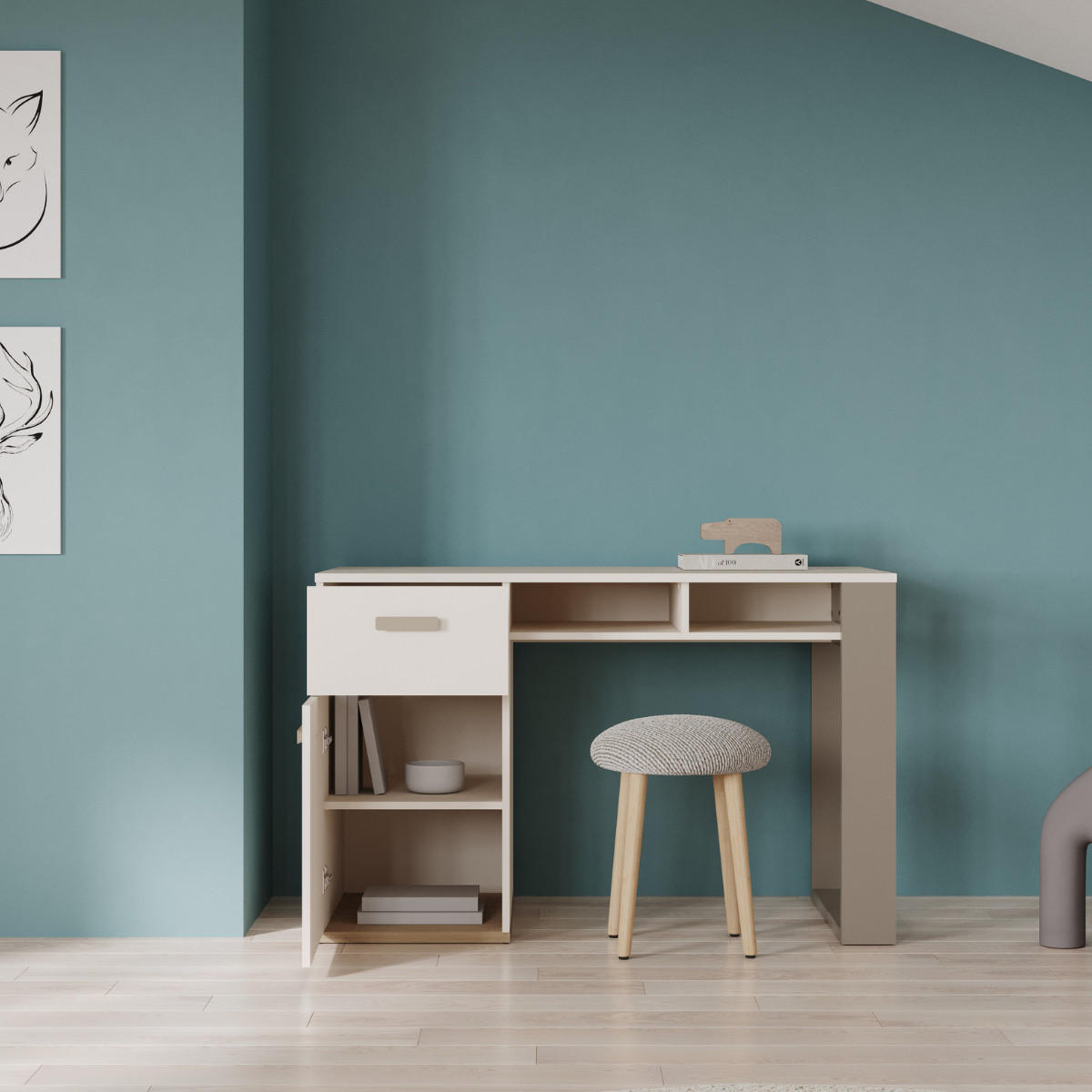 SCHREIBTISCH 1 Tür 1 Schublade 2 Nischen - Modell CAMILLIA - Grau - 120 x 59,8 x 76,5 cm - Grau, Holz (120/76/60cm) - Demeyere