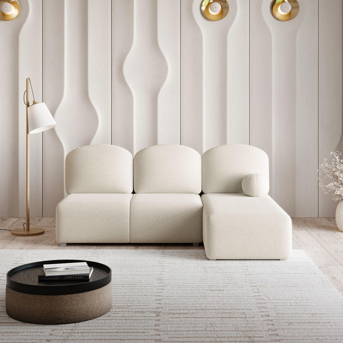 ECKSOFA TRAMA Creme Boucle-Stoff mit Schlaffunktion - Creme, Holz (200/143cm) - MASSENO