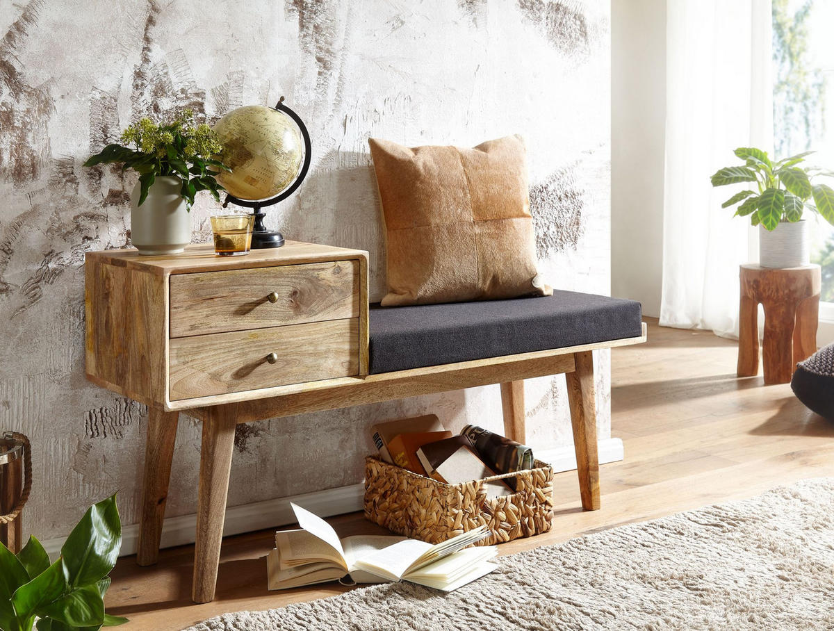 SITZBANK – Mango Holz, Schwarz, Schubladen, Retro-Stil - Schwarz/Braun, Holz/Textil (120/65/40cm) - KADIMA DESIGN