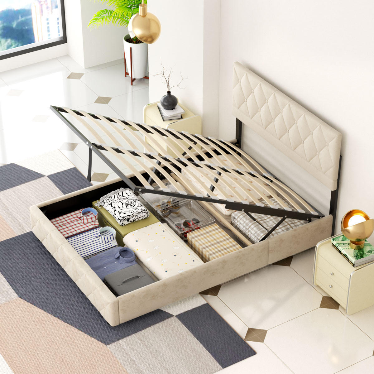 POLSTERBETT 140/200 cm Beige Samt, Hydraulik-Aufzug und rautengetuftetem Kopfteil - Beige, Textil (140/200cm) - OKMYHOME