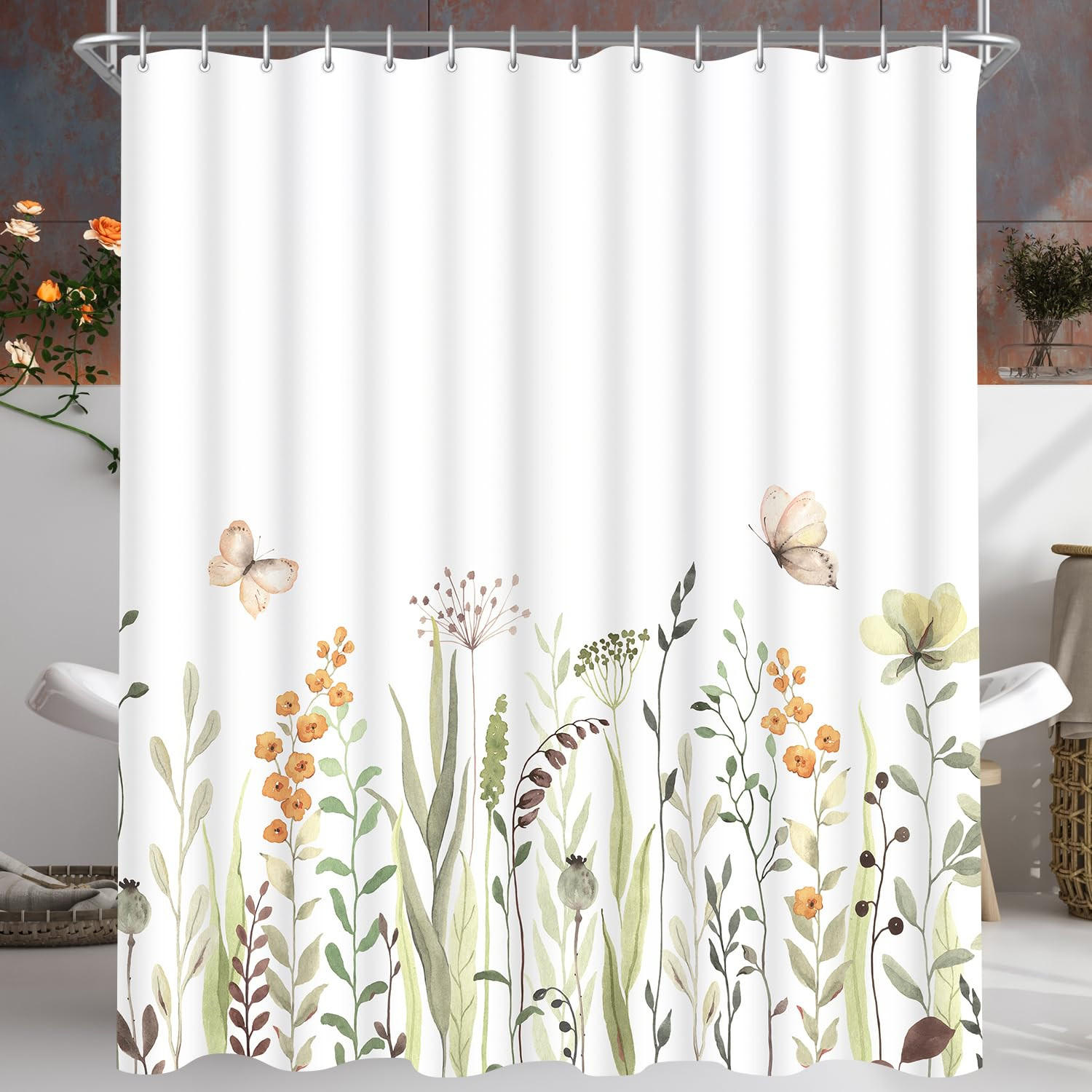 DUSCHVORHANG Schmetterling floral Muster wasserdicht mit Haken fürs Badezimmer Badewanne - Weiß, Textil (180/200cm) - MCBOSON