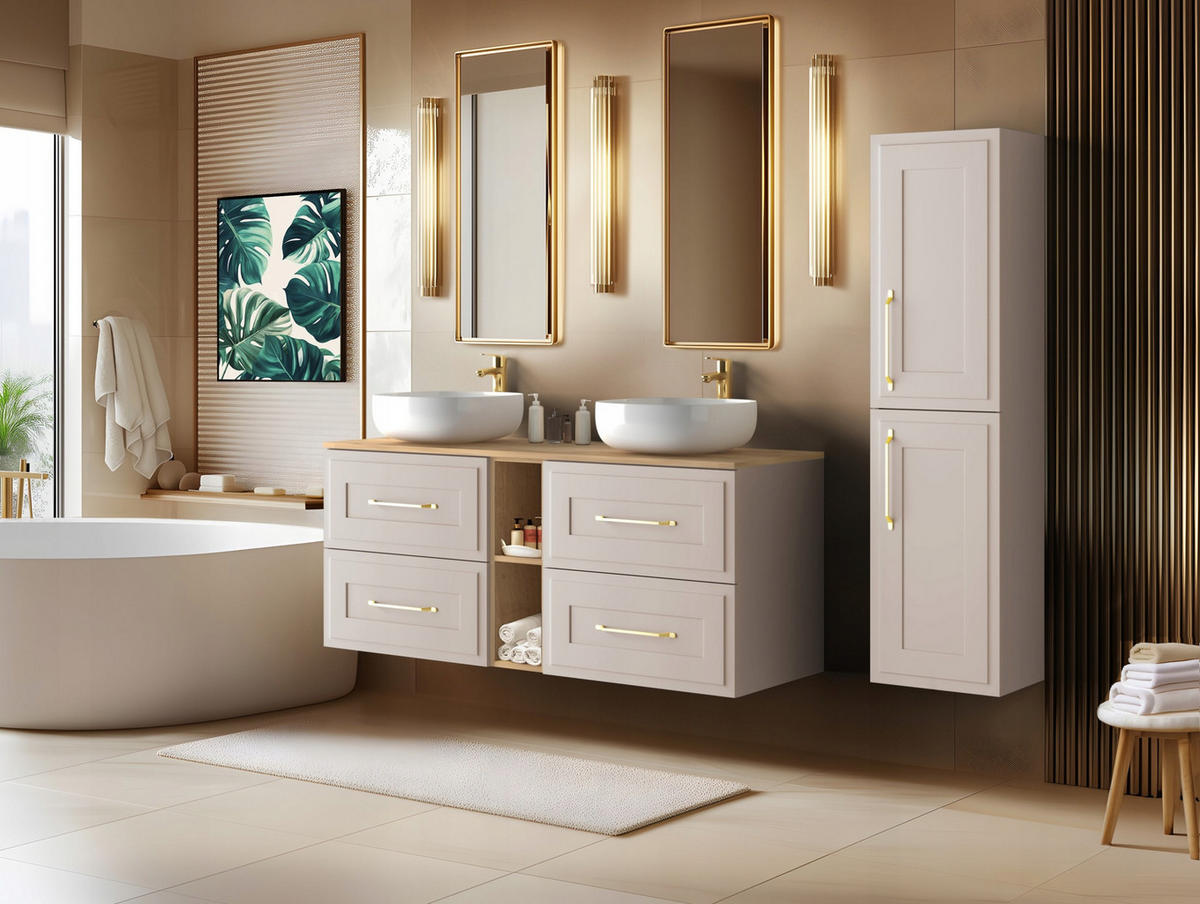 WASCHBECKUNTERSCHRANK CLASSIC 140 cm mit Arbeitsplatte Farbe: Kaschmir mit einem Regal Kaschmir - Kaschmir, Holzwerkstoff (140/58/46cm) - Rodan