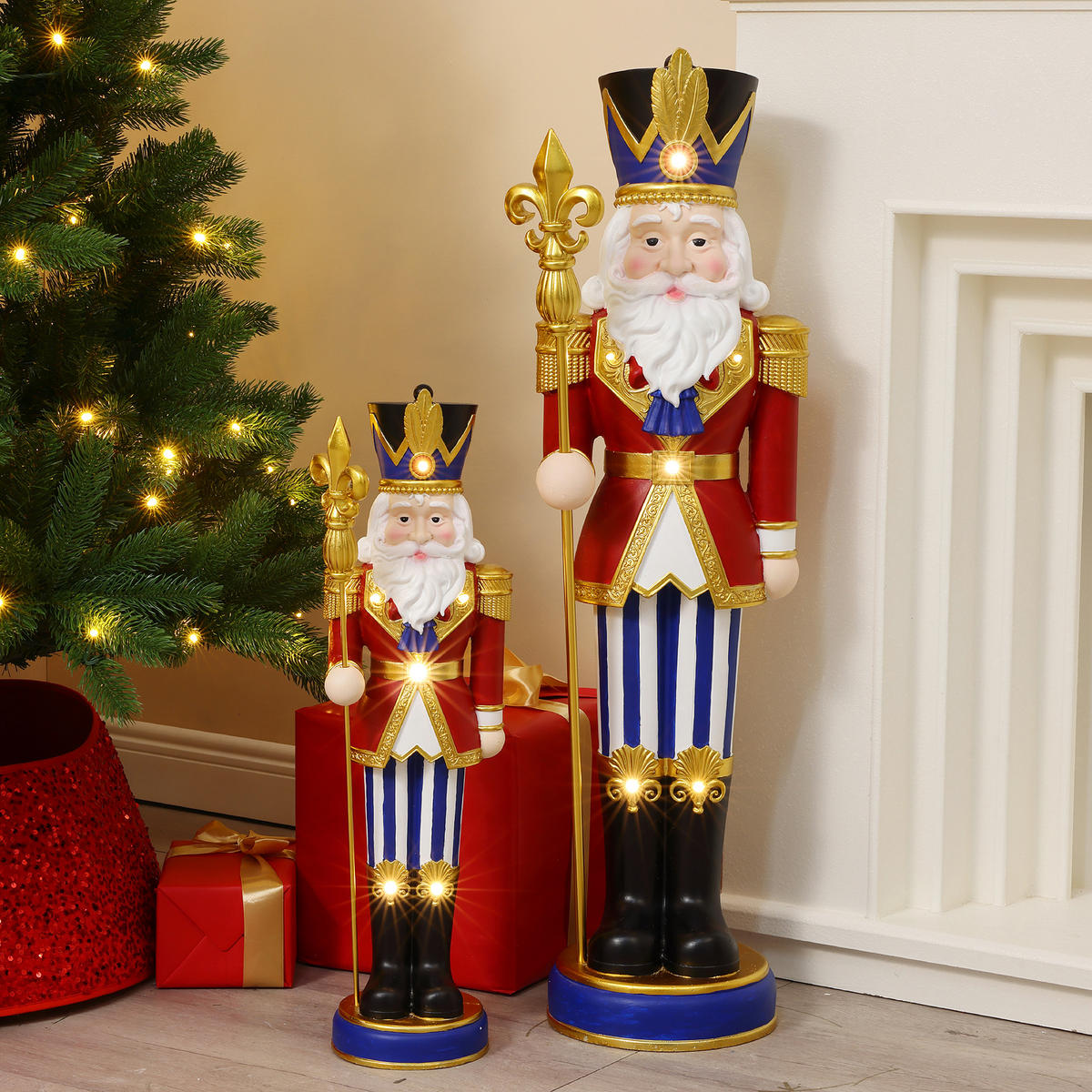 NUSSKNACKER Figur groß 61 cm, Weihnachtsdeko mit LED, Timer, MgO - Dunkelrot, Naturmaterialien (19.5/61/16.5cm) - Hometopia