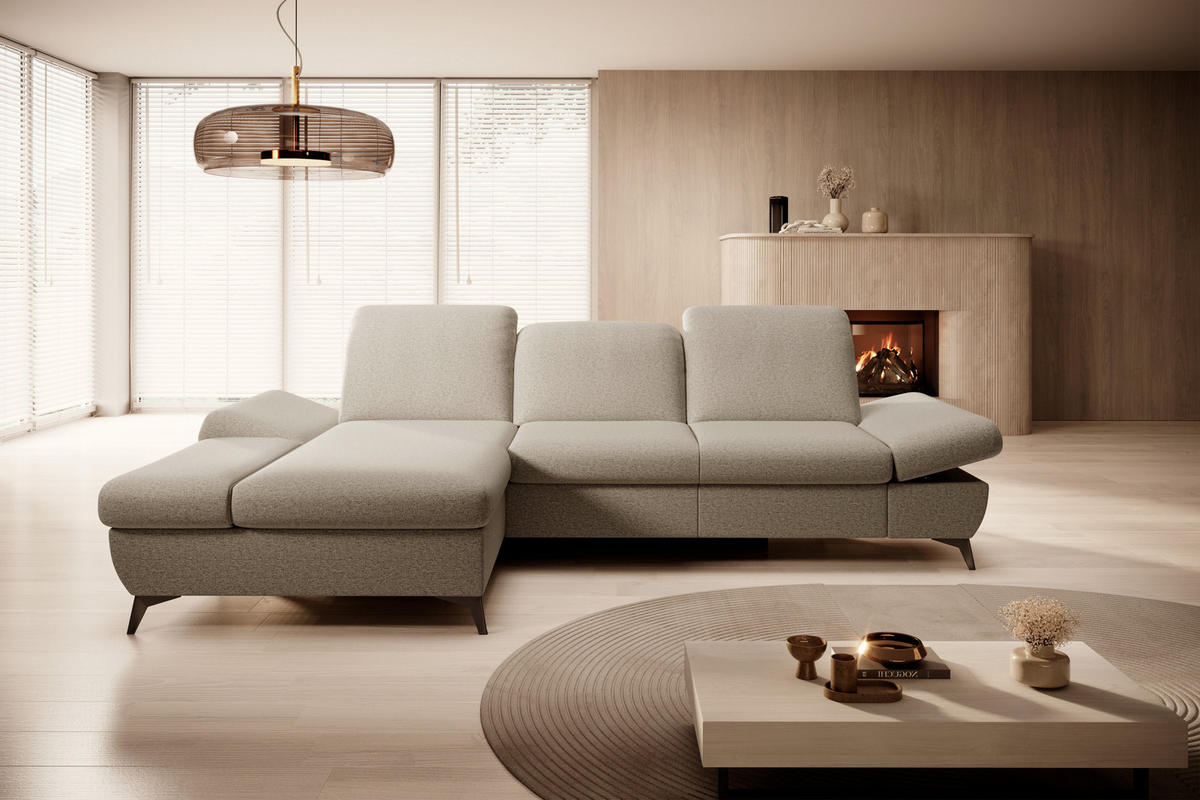 ECKSOFA FELICE L-S Beige Geflochtener Stoff mit Schlaffunktion - Beige, Holz (284/166cm) - MASSENO