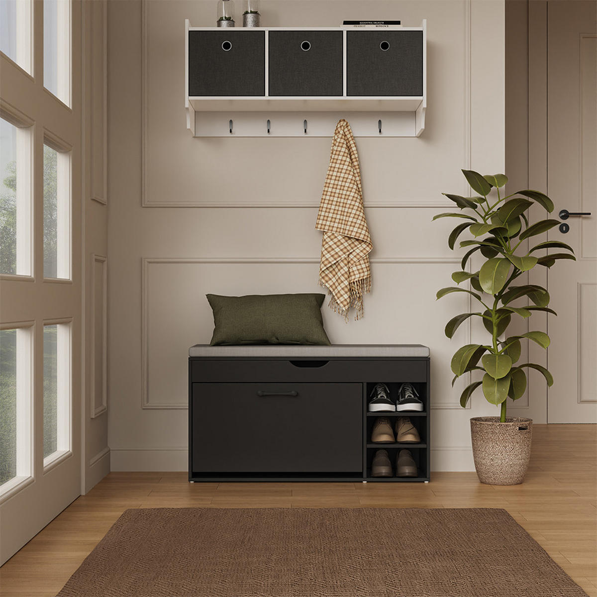 SCHUHBANK Solino Schwarz/Grau 90 x 50 cm mit Sitzfläche - Schwarz/Grau, Holzwerkstoff (90/50/30cm) - Vicco