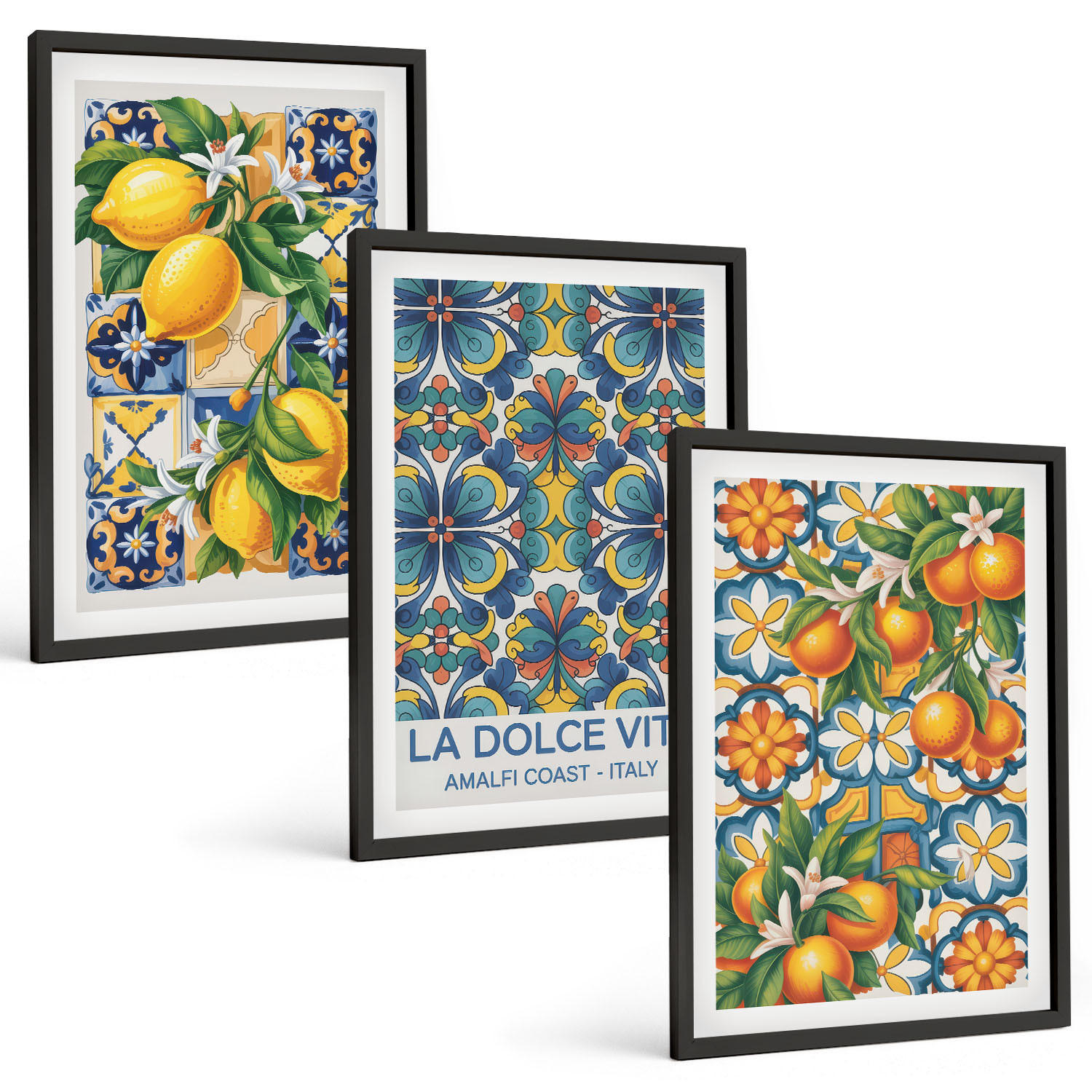 BILDER SET 3er Set - 40x60 cm Schwarzer Rahmen - Zitronen-Orangenblütenmuster - Schwarz, Kunststoff (40/60cm) - TULUP