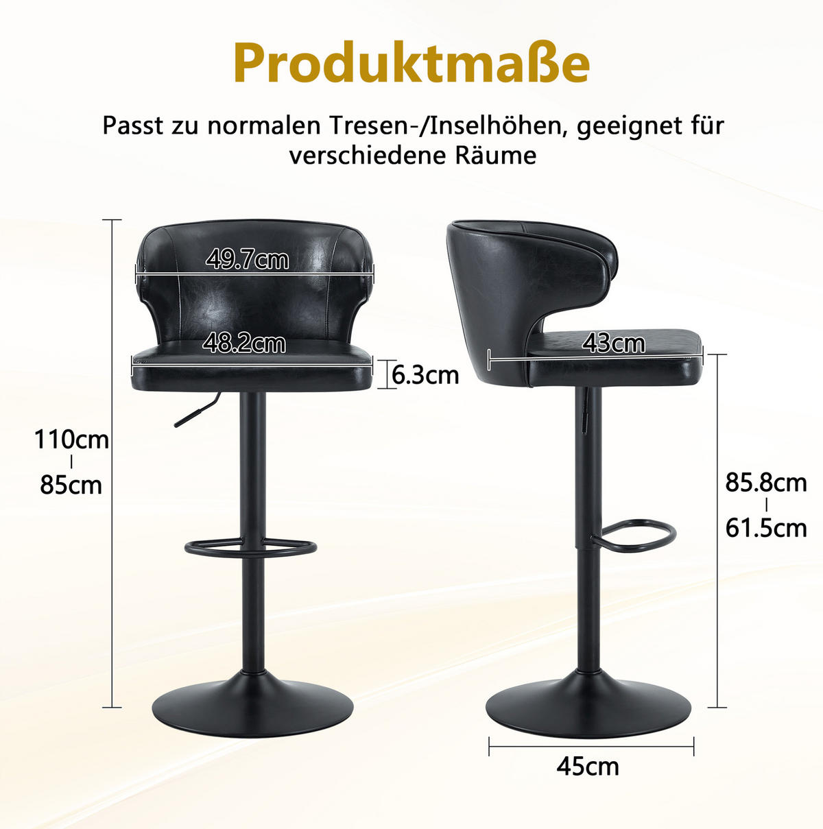 BARHOCKER 2er-Set mit Lehne, höhenverstellbar, drehbar, Black - Schwarz, Metall (45/110/49.71cm) - Meubliv