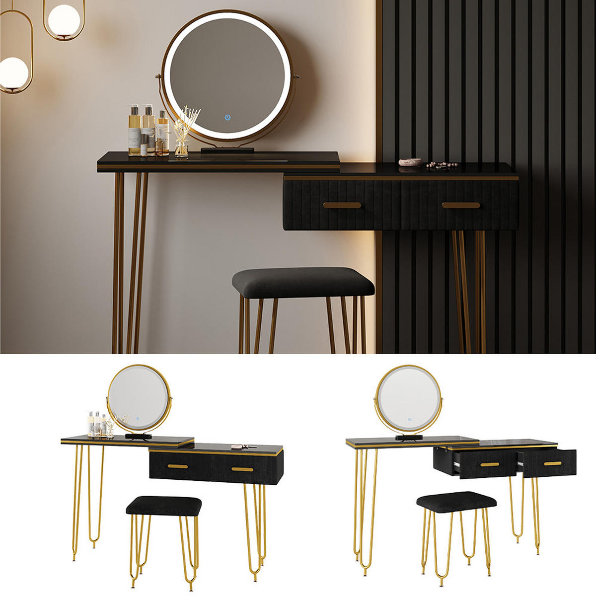 SCHMINKTISCH Zoey Schwarz 120 cm mit LED Spiegel und Hocker - Schwarz, Holzwerkstoff (120/76/37cm) - Vicco