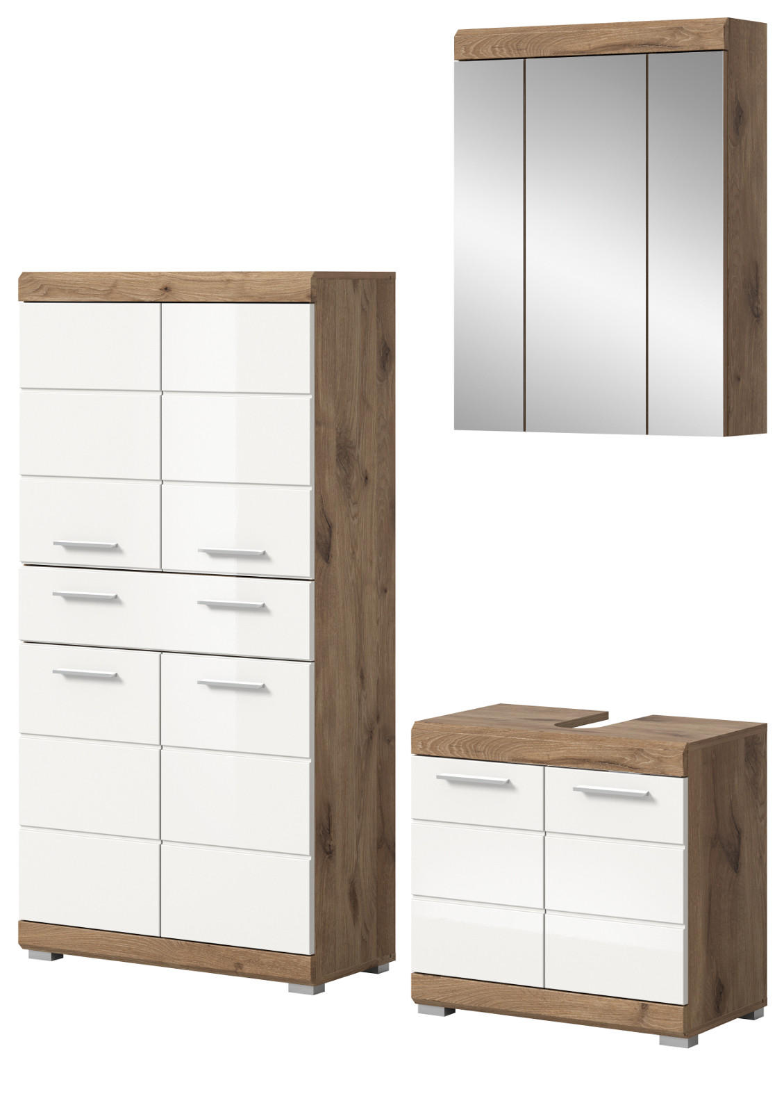 BADMÖBEL-SET weiß Hochglanz, Eiche 3-teilig 149 cm mit viel Stauraum - Weiß Hochglanz/Eichefarben, Glas/Holzwerkstoff (149/191/34cm) - Inn.Furn