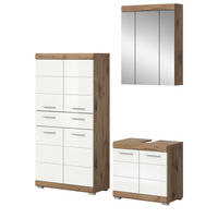 BADMÖBEL-SET weiß Hochglanz, Eiche 3-teilig 149 cm mit viel Stauraum - Weiß Hochglanz/Eichefarben, Glas/Holzwerkstoff (149/191/34cm) - Inn.Furn